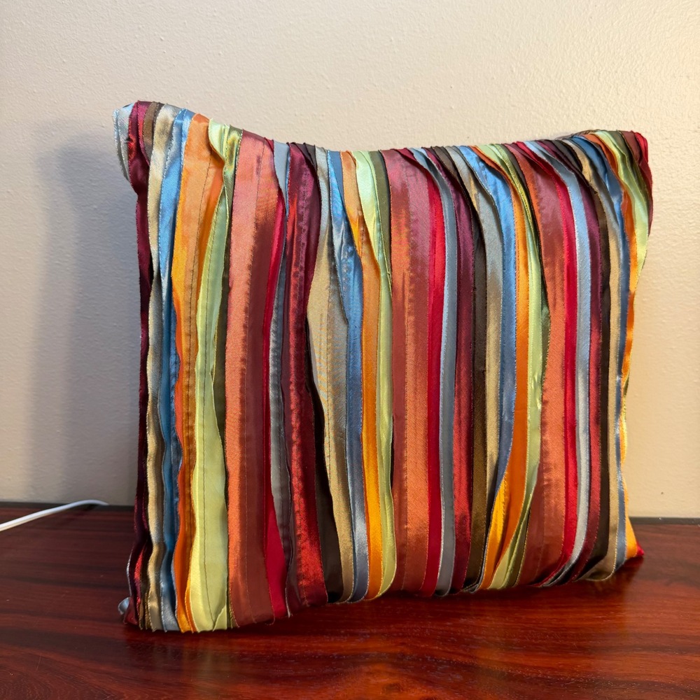 Multi Color Vertical Ribbon Textured Throw Pillow Square 16in Accent Cushion